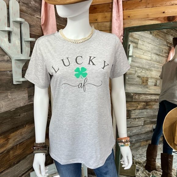 “Lucky AF” Shamrock 4 Leaf Clover Graphic Tee in Heather Gray 💗 - Picture 4 of 5